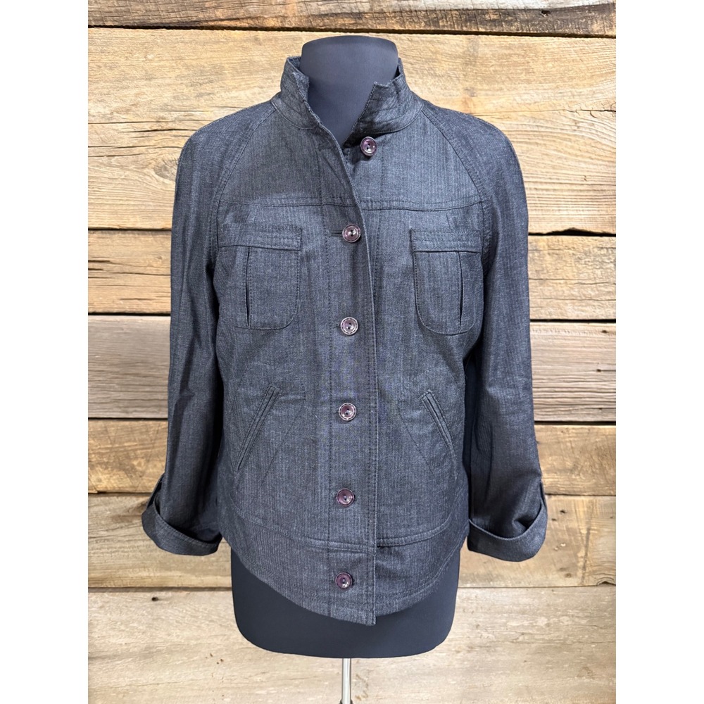 J. Jill Stretch Herringbone Utility Jacket Gray Petite Medium Button Front Mock